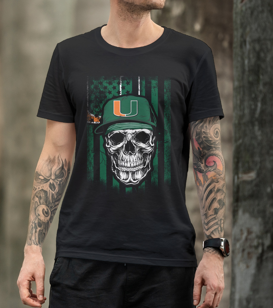 Skull Miami Hurricanes U Logo Cap With Green Stripes T-Shirt