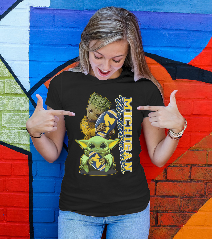 Michigan Wolverines Grogu And Groot Football T-Shirt