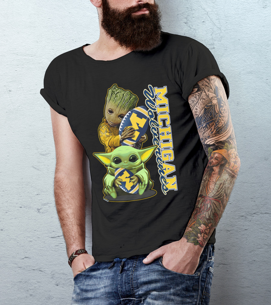 Michigan Wolverines Grogu And Groot Football T-Shirt