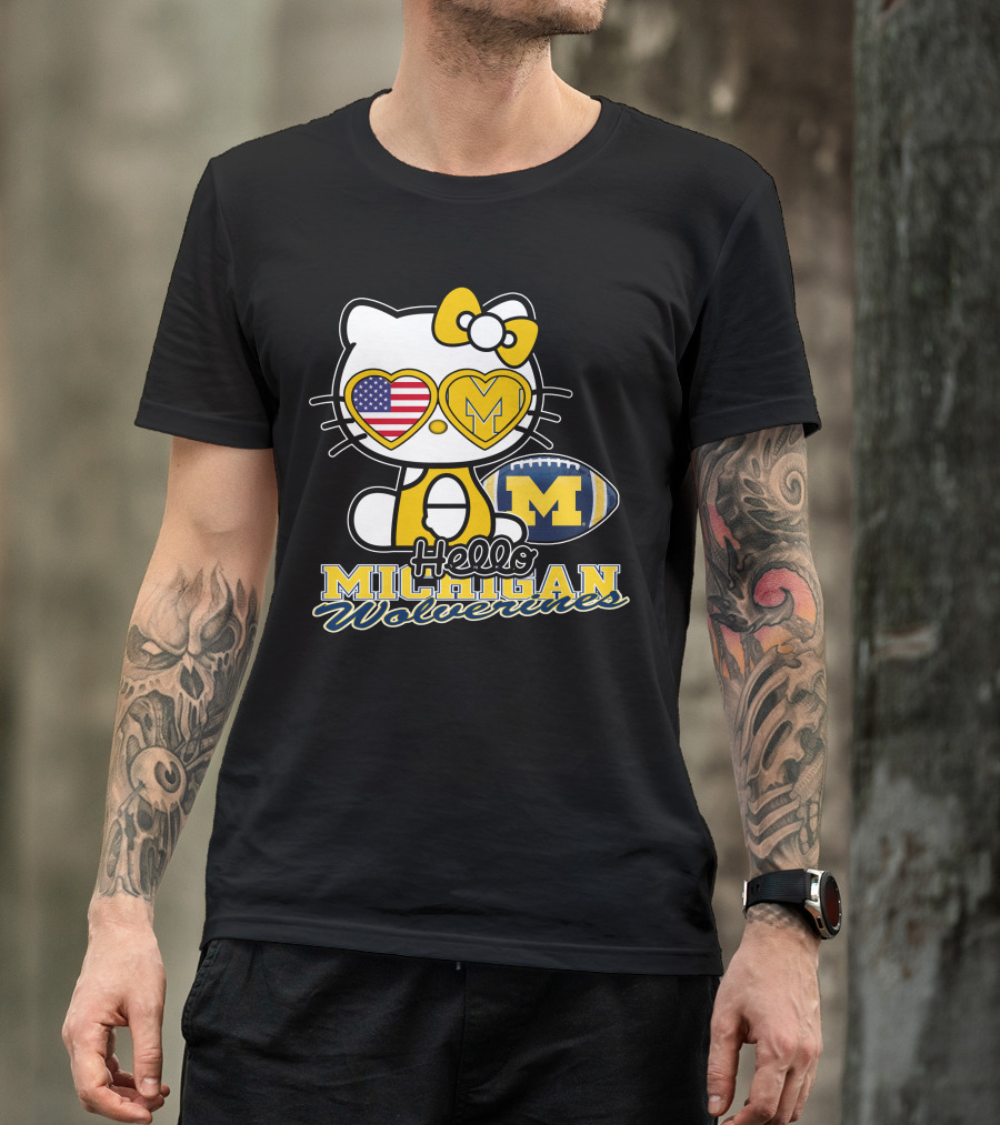 Hello Kitty Michigan Wolverines American Flag Football T-Shirt