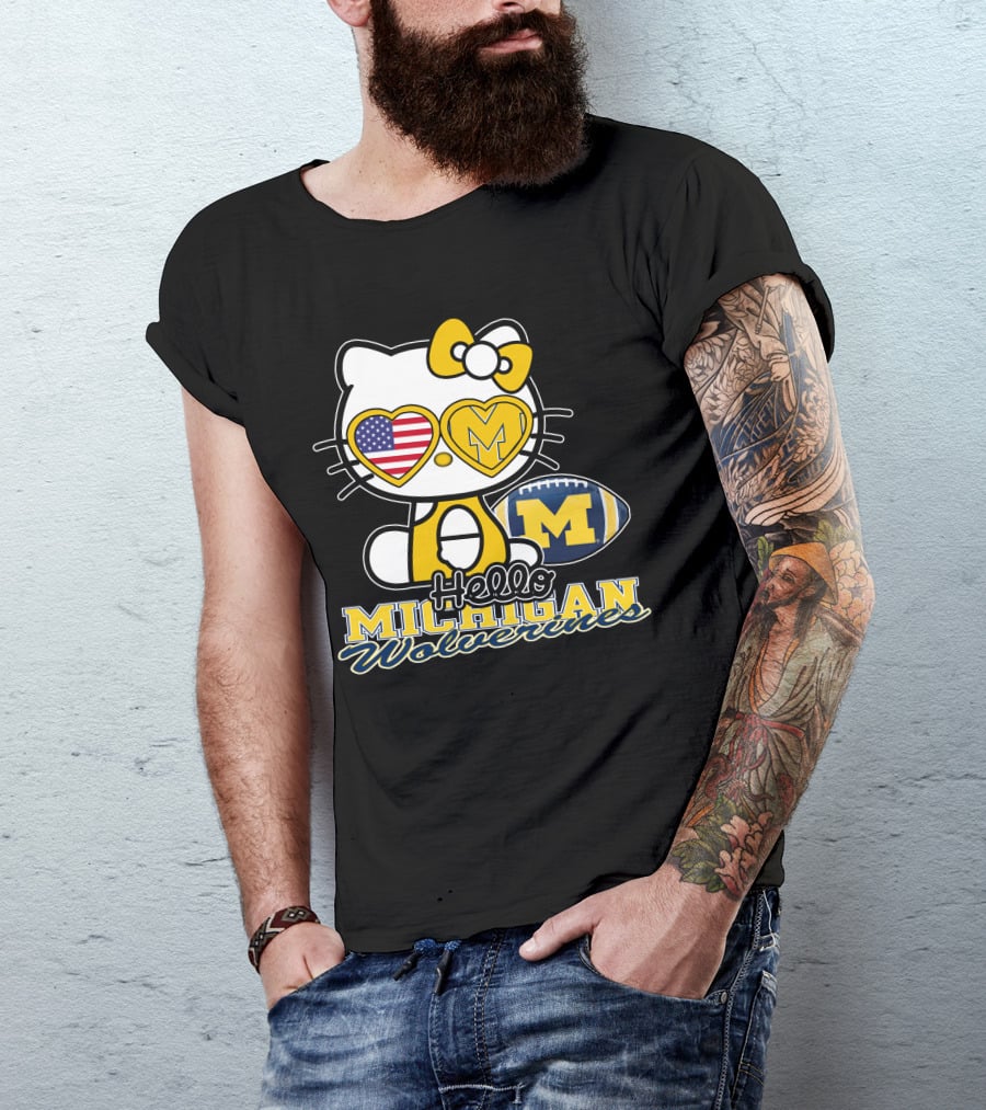 Hello Kitty Michigan Wolverines American Flag Football T-Shirt