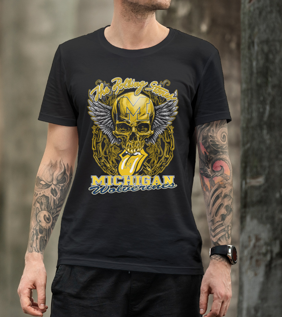 The Rolling Stones Michigan Wolverines Skull With Winged Helmet And Classic Tongue T-Shirt