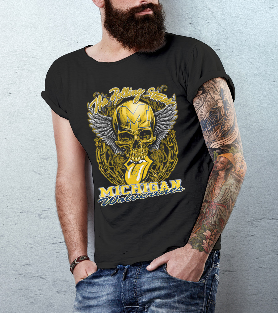 The Rolling Stones Michigan Wolverines Skull With Winged Helmet And Classic Tongue T-Shirt