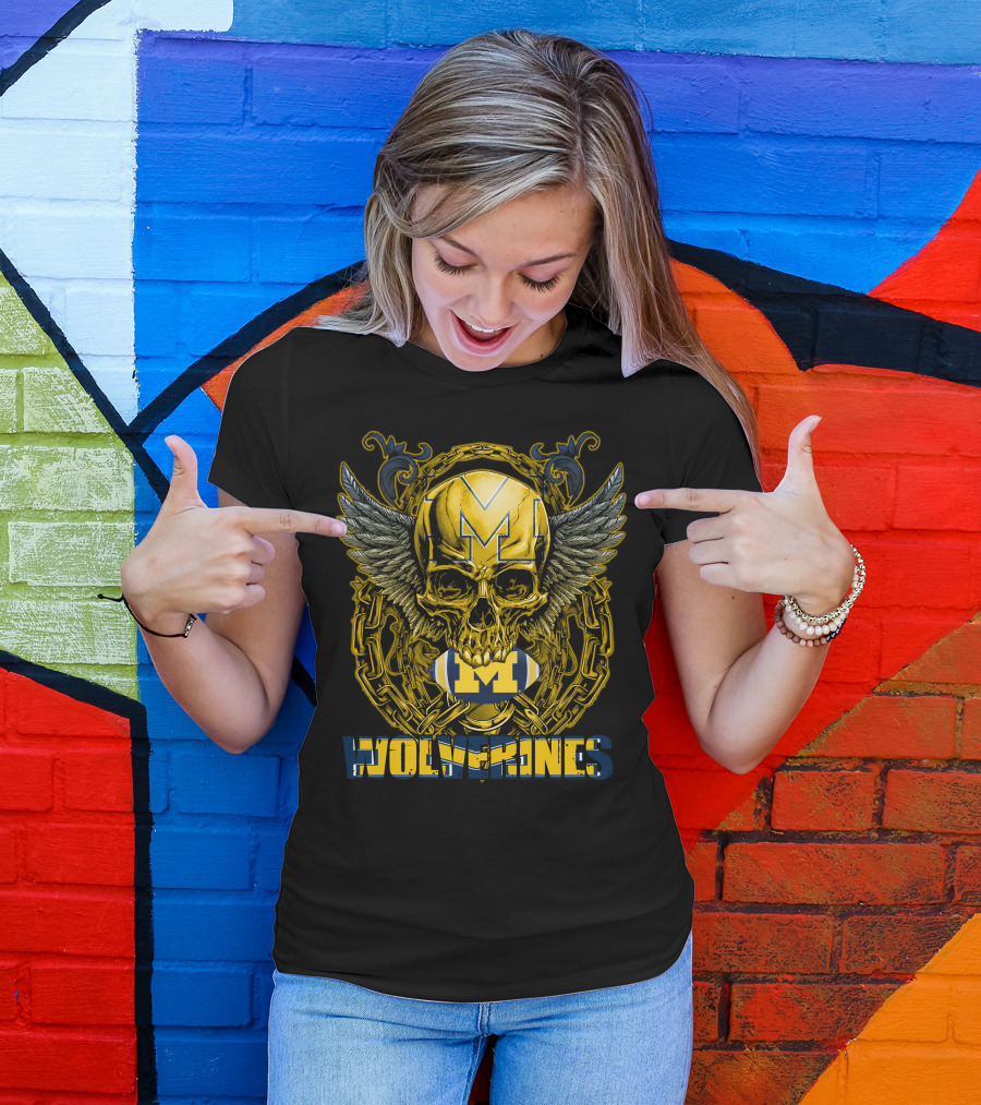 Skullfb Wolverines M Winged Skull And Football Michigan T-Shirt