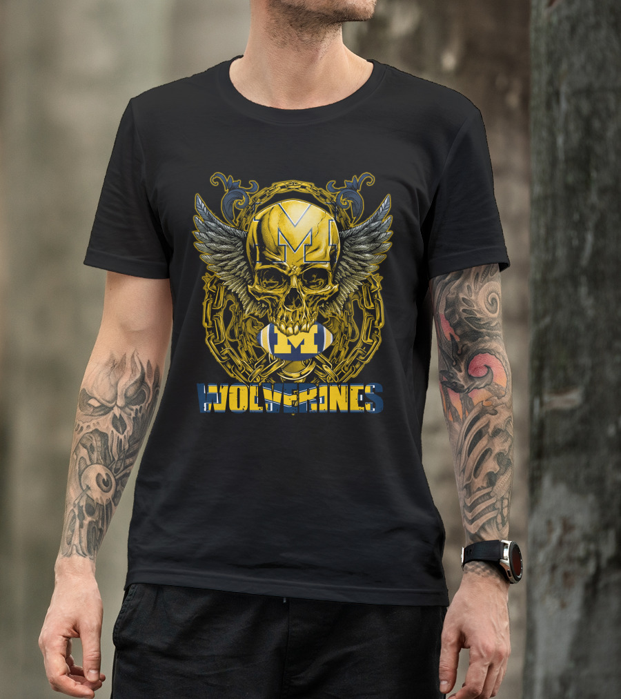 Skullfb Wolverines M Winged Skull And Football Michigan T-Shirt