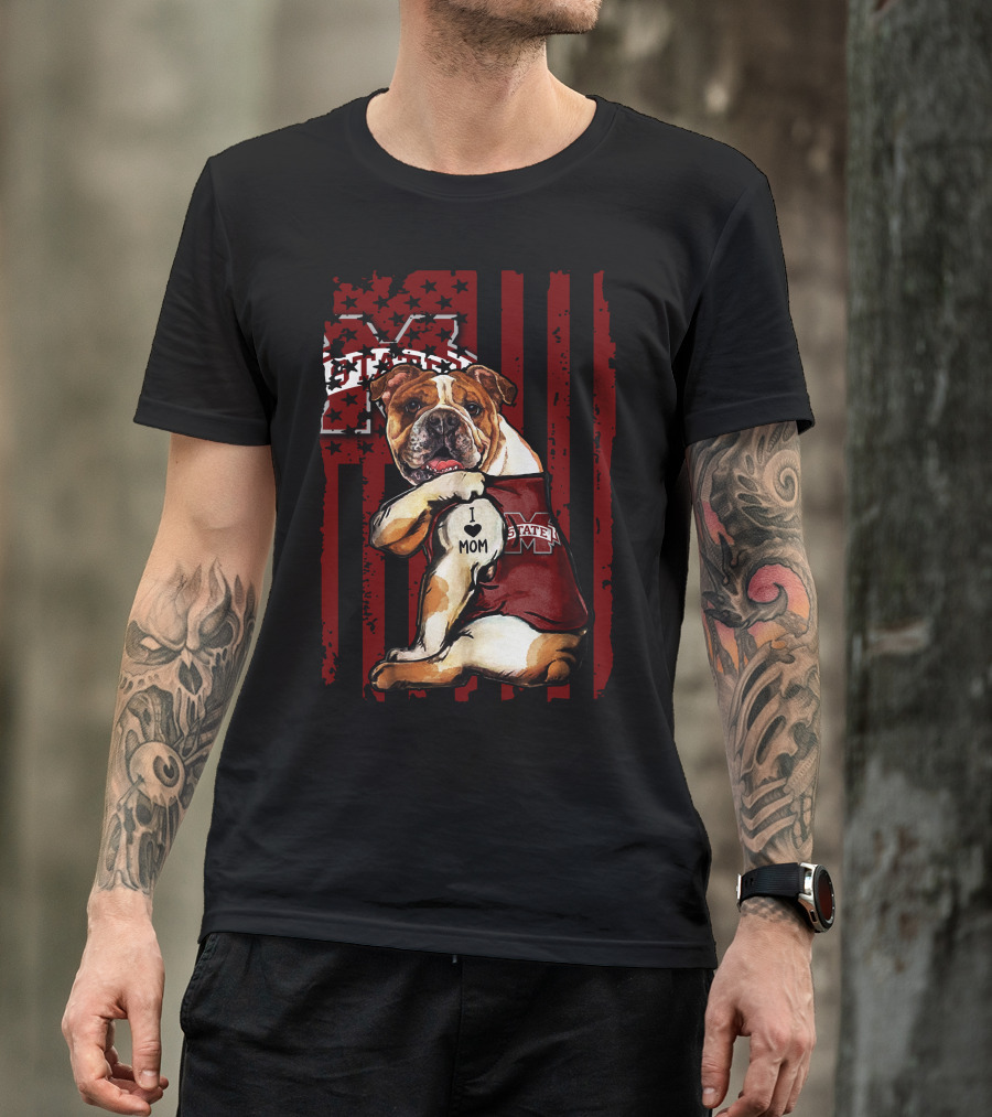 Mississippi State Bulldogs Bulldog With I Love Mom And Logo Background T-Shirt