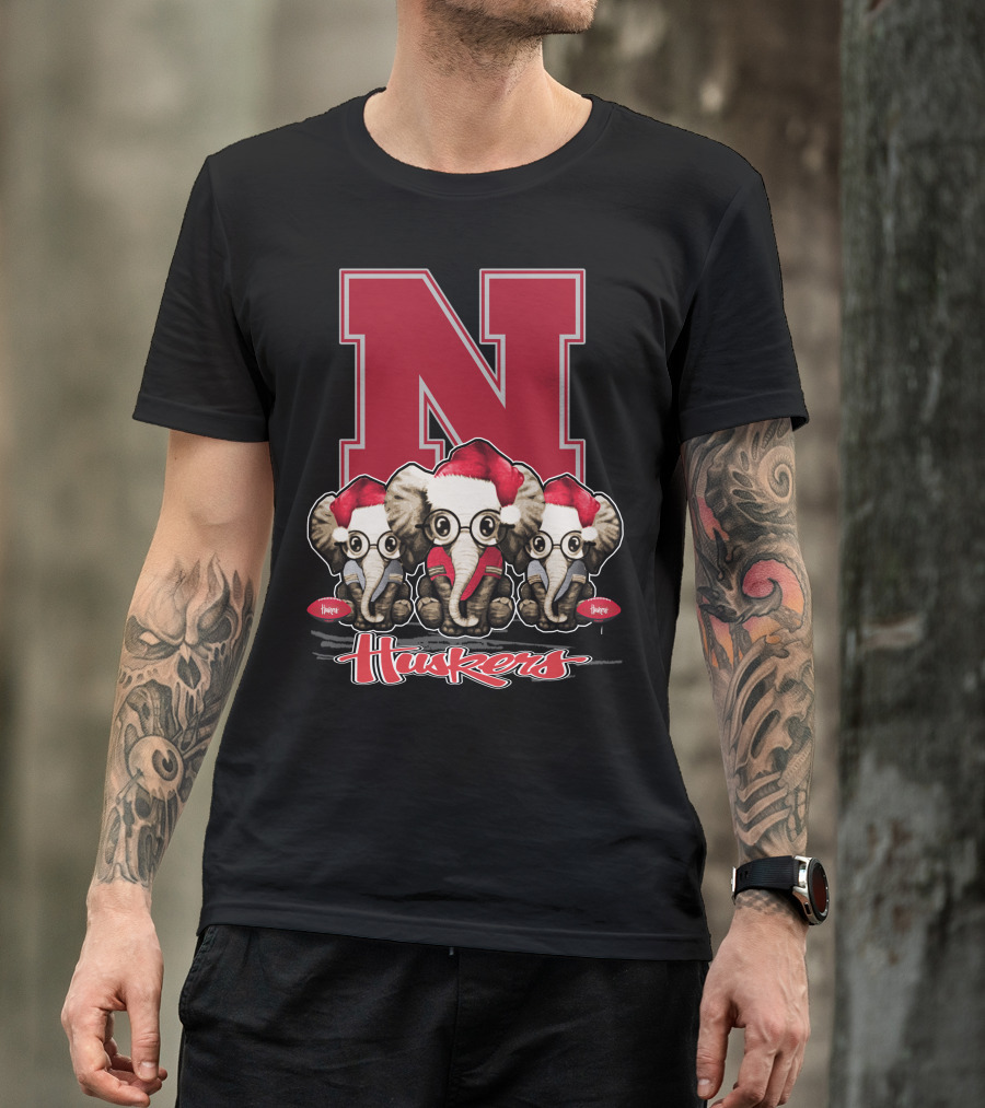 Elephan Xmas Nebraska Huskers Santa Hat Trio T-Shirt