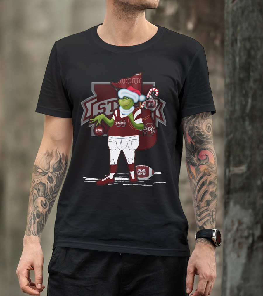 Grinchxmas Mississippi State Bulldogs Christmas Football Santa Dog T-Shirt