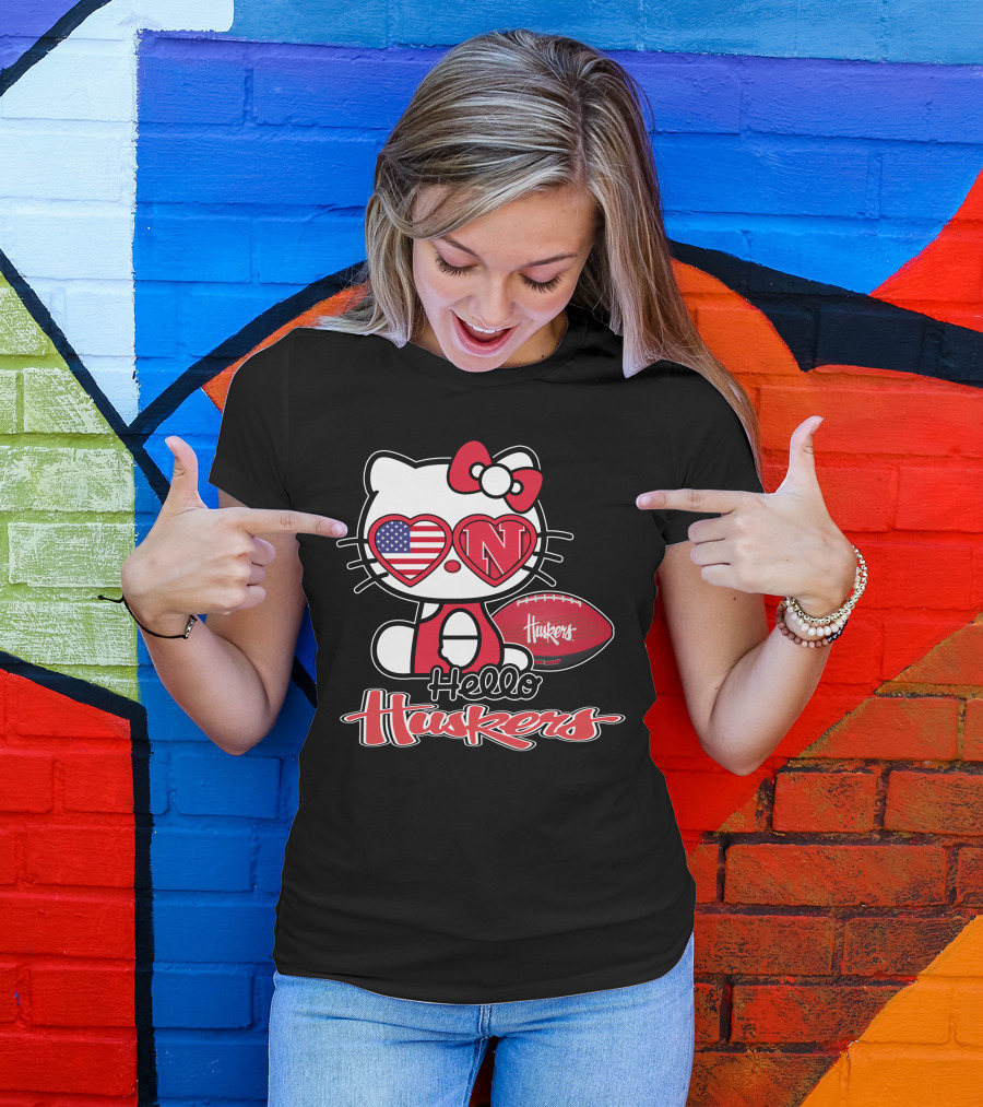 Hello Kitty Huskers Nebraska Football Heart Flag T-Shirt