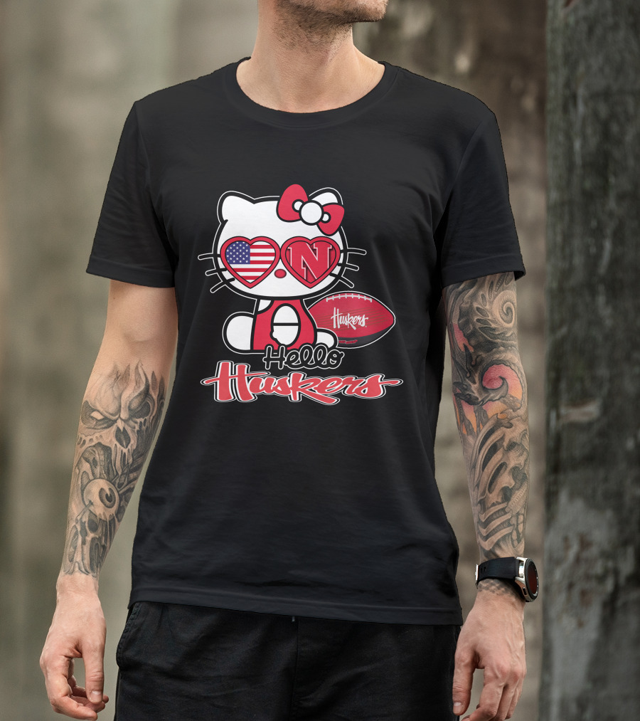 Hello Kitty Huskers Nebraska Football Heart Flag T-Shirt