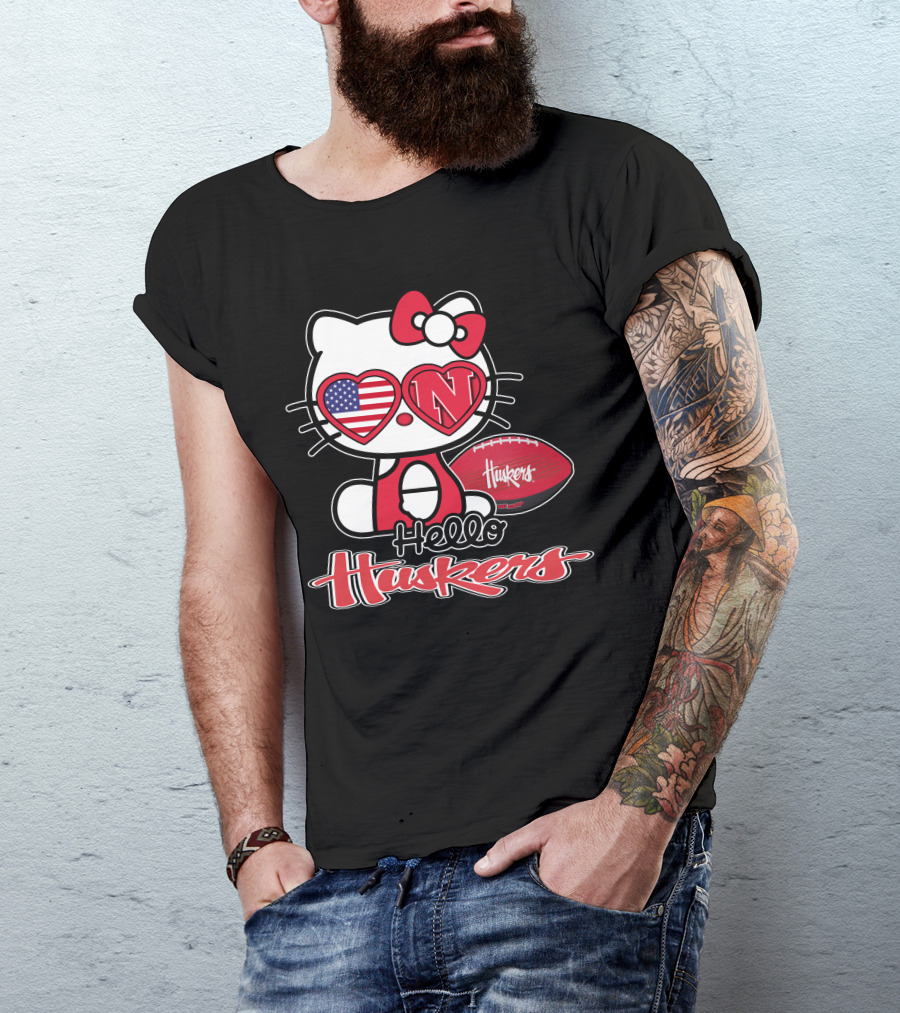 Hello Kitty Huskers Nebraska Football Heart Flag T-Shirt