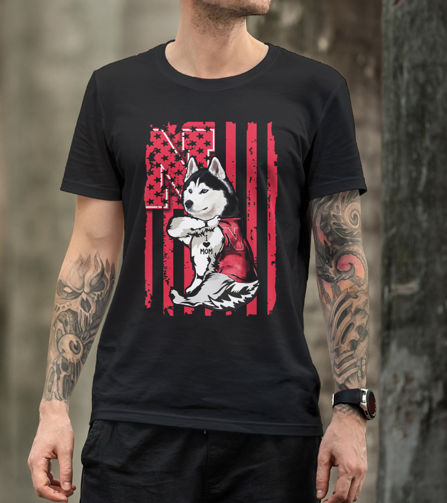 Siberian Husky Nebraska Cornhuskers I Love Mom American Flag T-Shirt