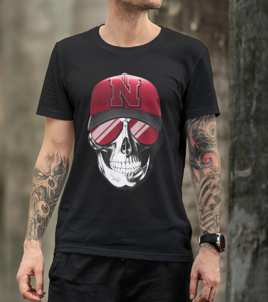 Skull Wearing Nebraska Cornhuskers Red N Cap With Sunglasses T-Shirt
