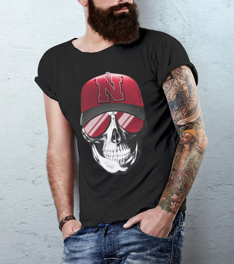 Skull Wearing Nebraska Cornhuskers Red N Cap With Sunglasses T-Shirt