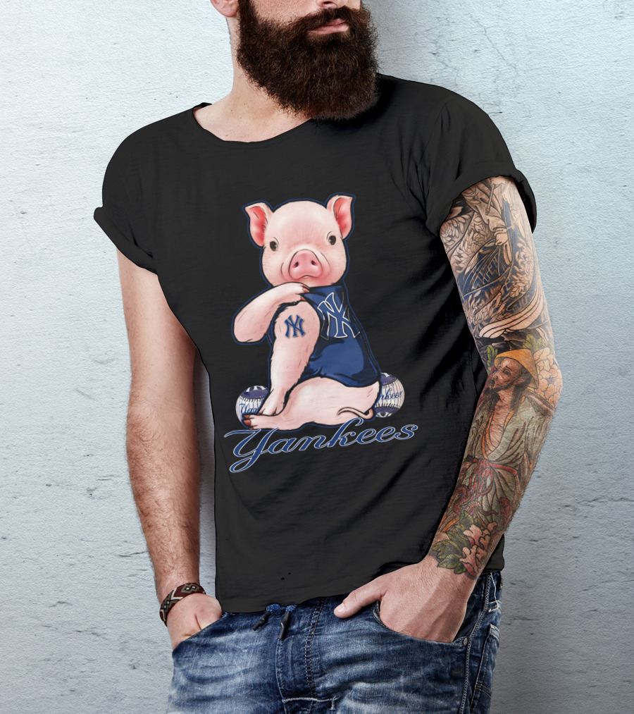 Pig Yankees Baseball Fan With NY Tattoo T-Shirt