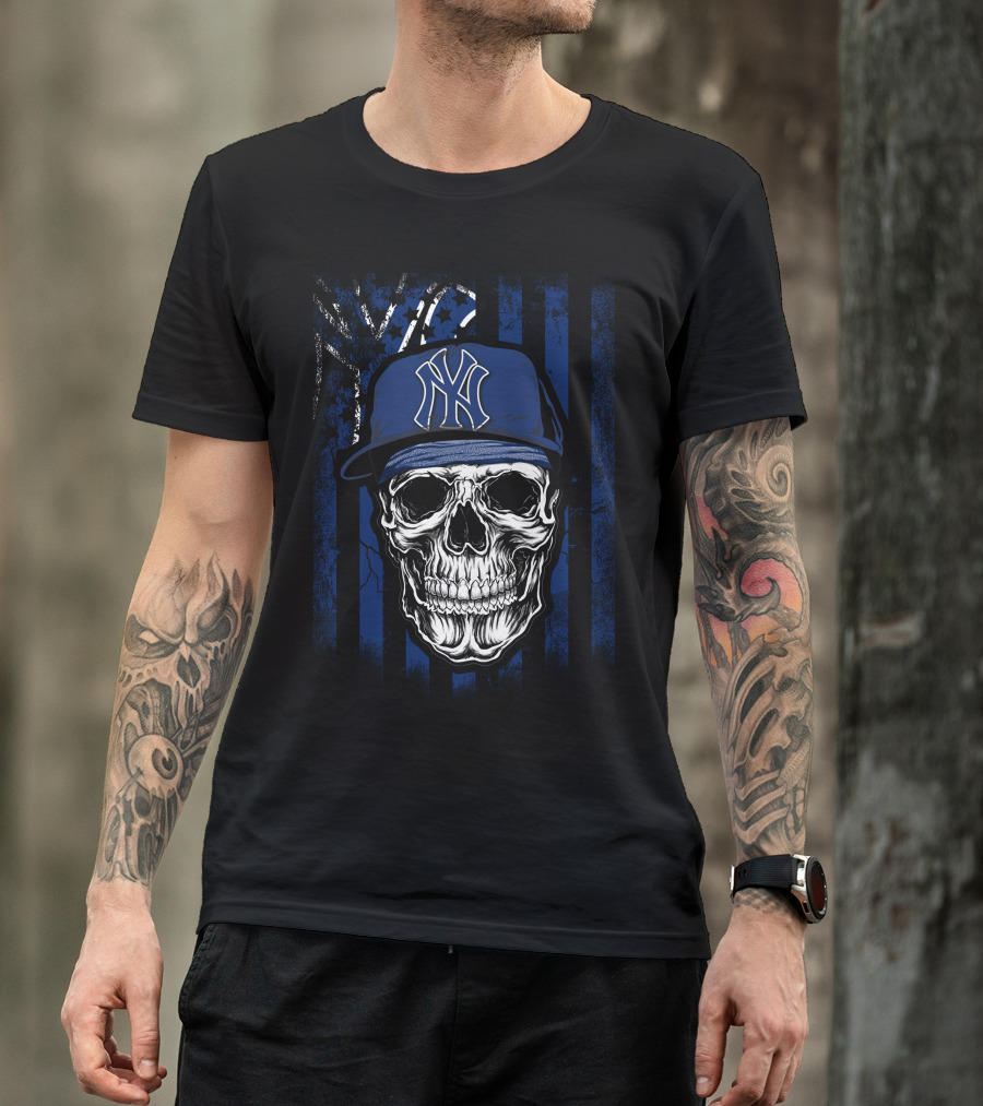 Skull Wearing New York Yankees Cap With Blue T-Shirt