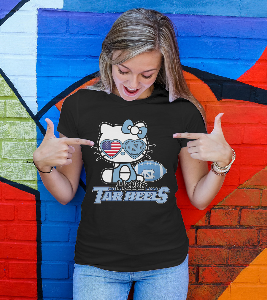 Hello Kitty North Carolina Tar Heels Football American Flag Heart T-Shirt