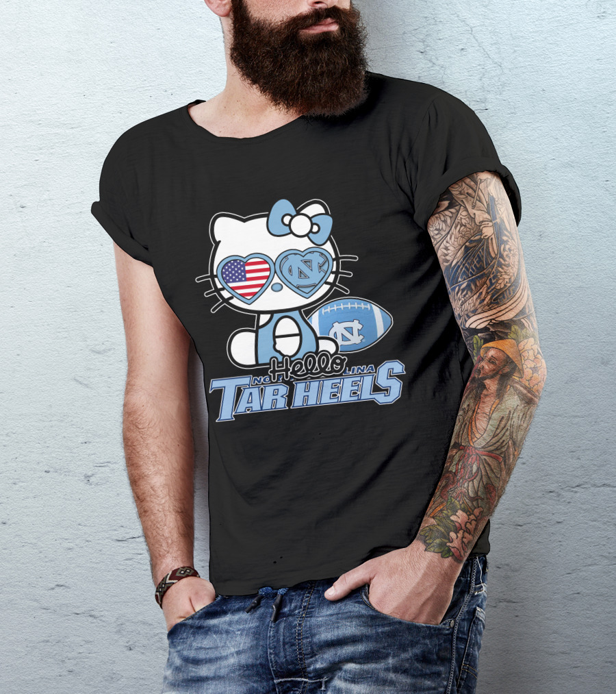 Hello Kitty North Carolina Tar Heels Football American Flag Heart T-Shirt