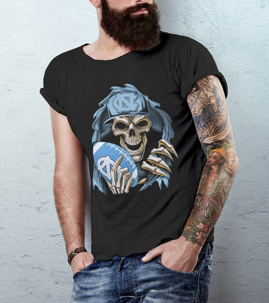 Skullbong North Carolina Tar Heels Skeleton Football Fan With Cap And Ball T-Shirt