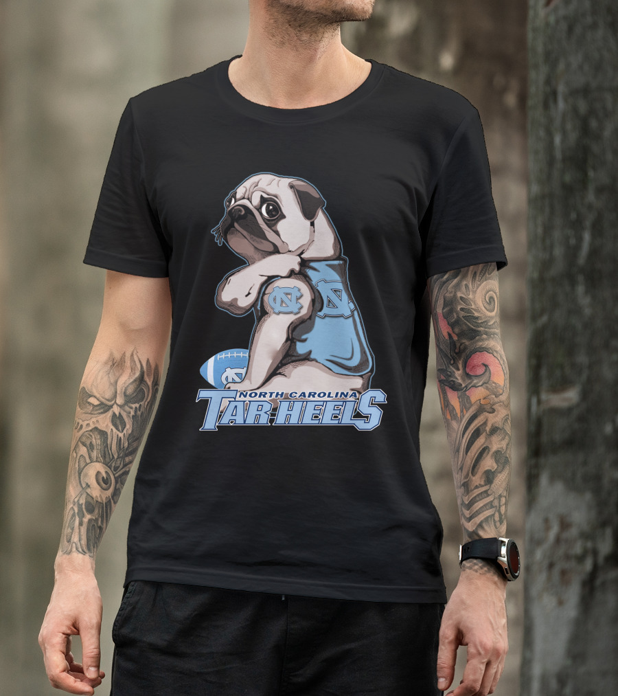 Pug Wearing North Carolina Tar Heels Sports Jersey With Football T-Shirt