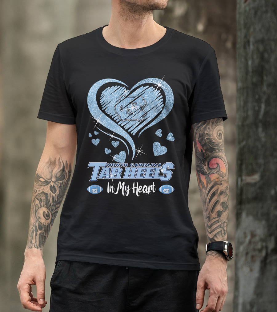 North Carolina Tar Heels In My Heart Sparkling Logo And Footballs T-Shirt