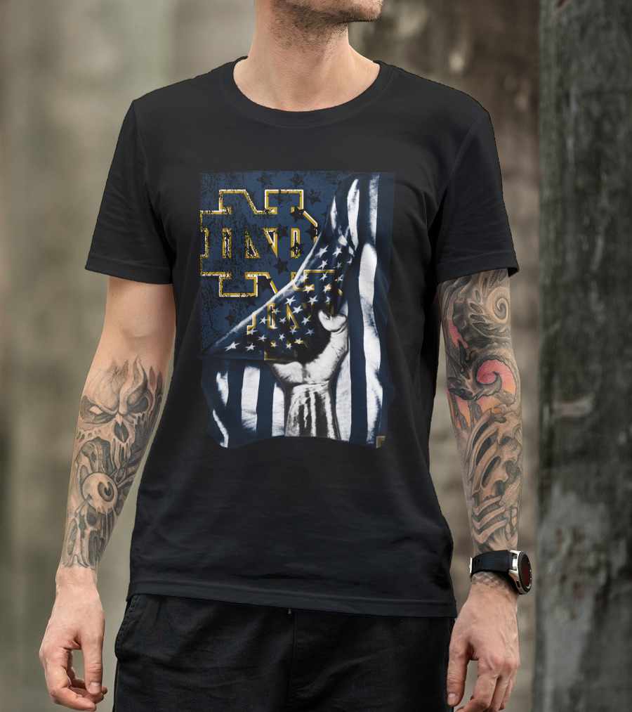 Notre Dame Fighting Irish ND Logo With American Flag Background T-Shirt