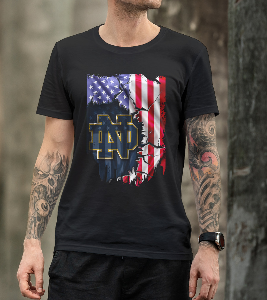 American Flag With Notre Dame ND Monogram Fighting Irish T-Shirt