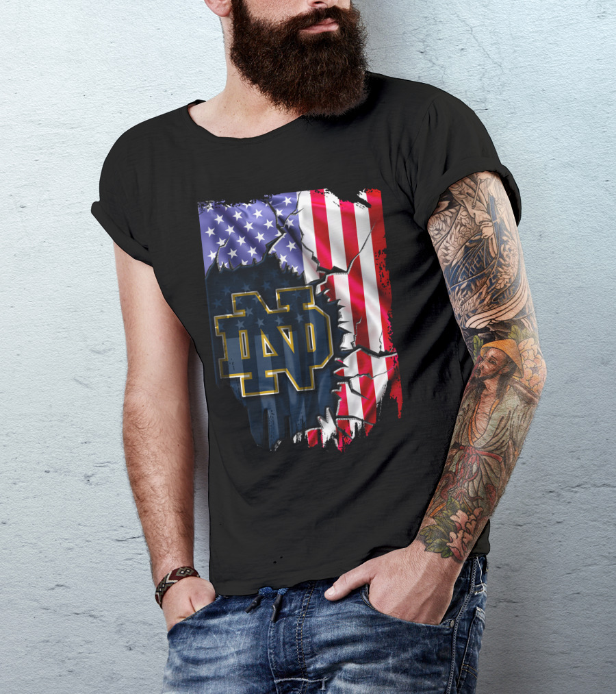 American Flag With Notre Dame ND Monogram Fighting Irish T-Shirt