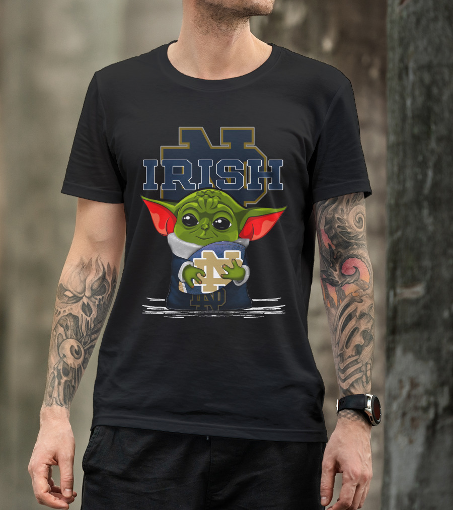 Yoda Notre Dame Irish Baby Holding Notre Dame Football T-Shirt