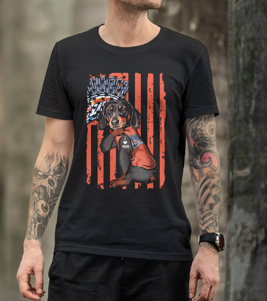 Dachshund Wearing Oklahoma City Thunder Shirt With I Love Mom Tag T-Shirt
