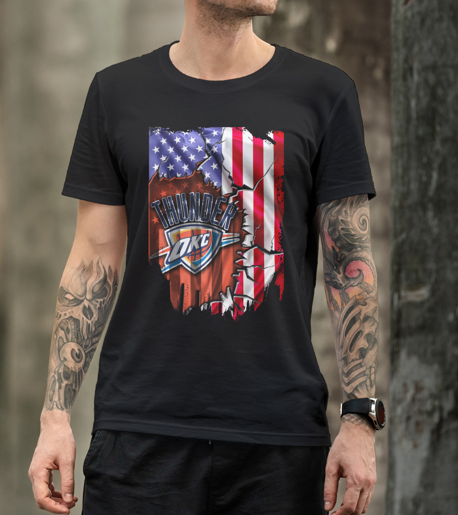 USA Flag Rip With Oklahoma City Thunder OKC Basketball T-Shirt