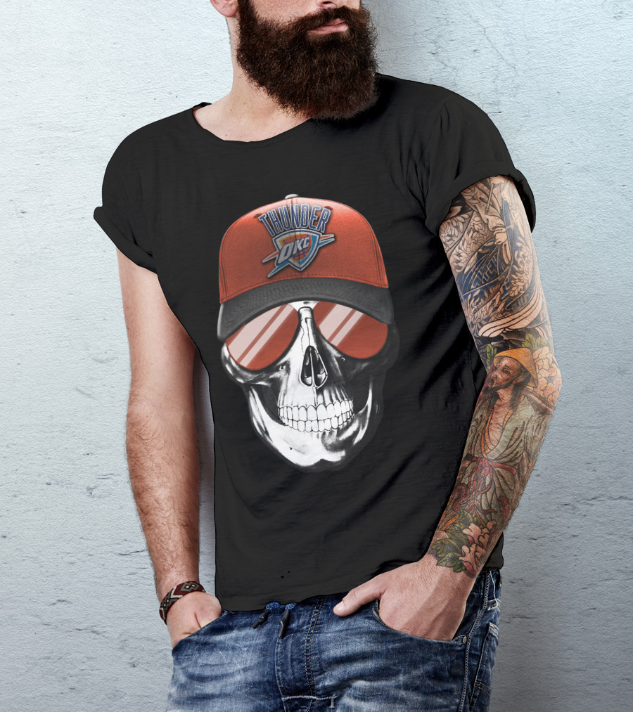 Skull With Oklahoma City Thunder Cap And Sunglasses T-Shirt