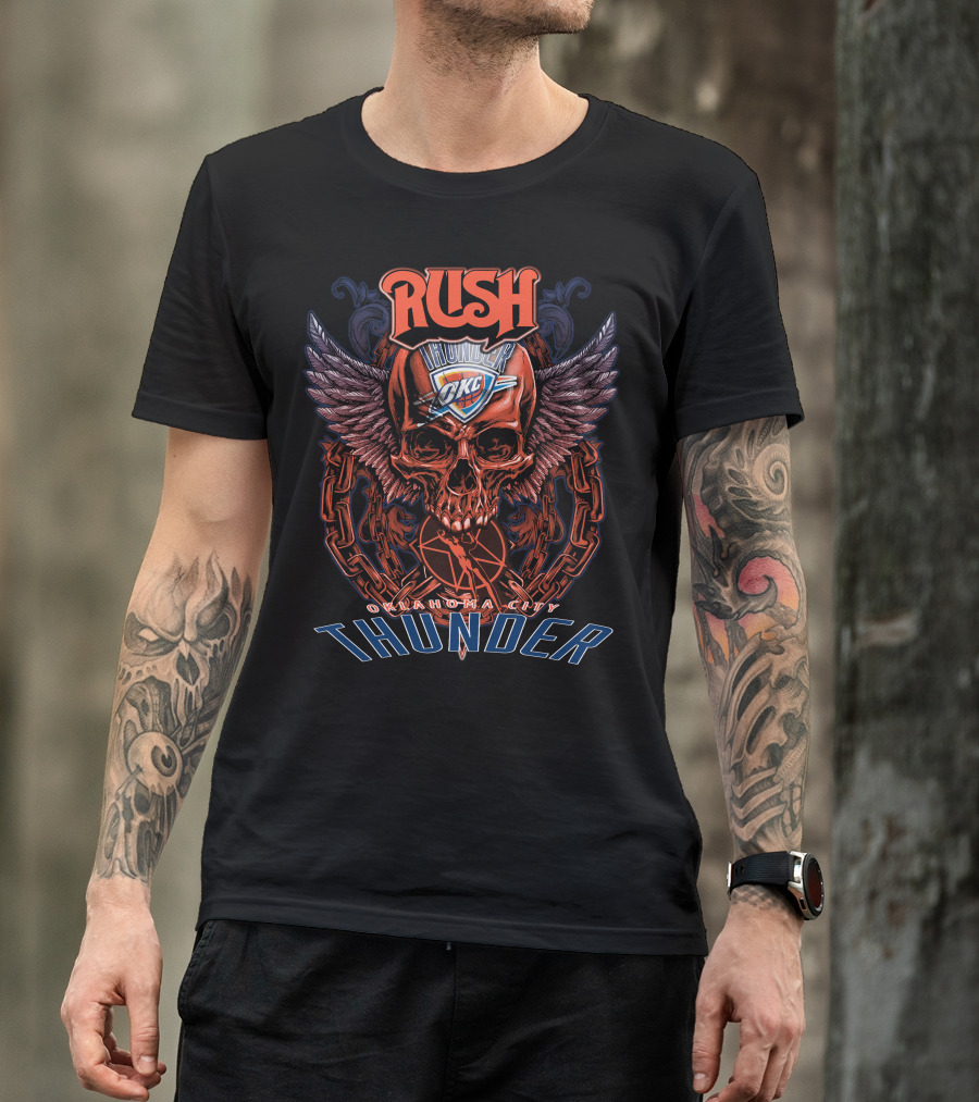 Rush Oklahoma City Thunder OKC Basketball Skull Wings Chain T-Shirt