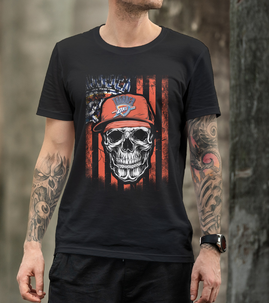 Skull Wearing Oklahoma City Thunder Cap With OKC Logo On T-Shirt