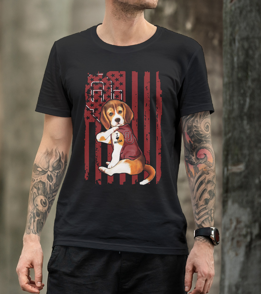 Beagle Puppy I Love Mom Oklahoma Sooners OU Red Stripes Stars T-Shirt