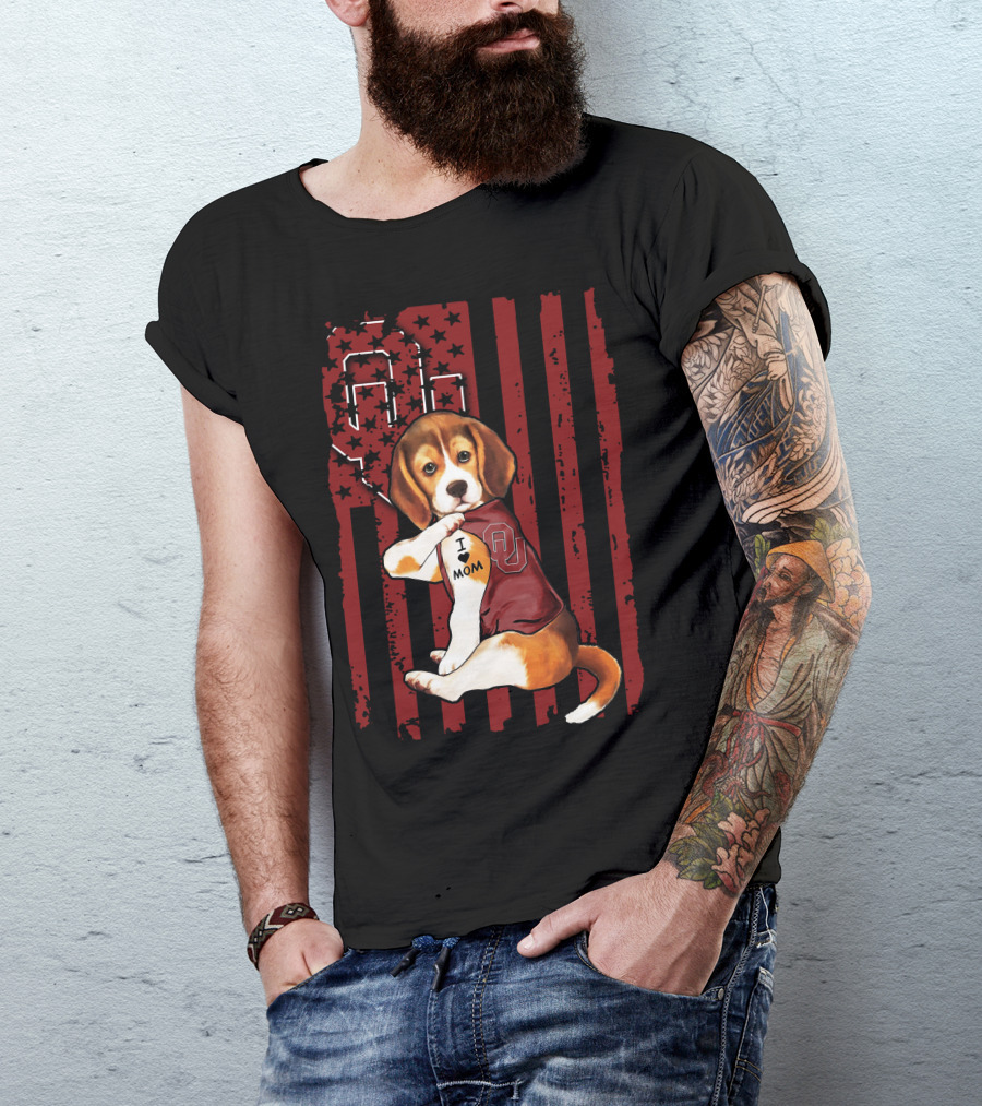 Beagle Puppy I Love Mom Oklahoma Sooners OU Red Stripes Stars T-Shirt