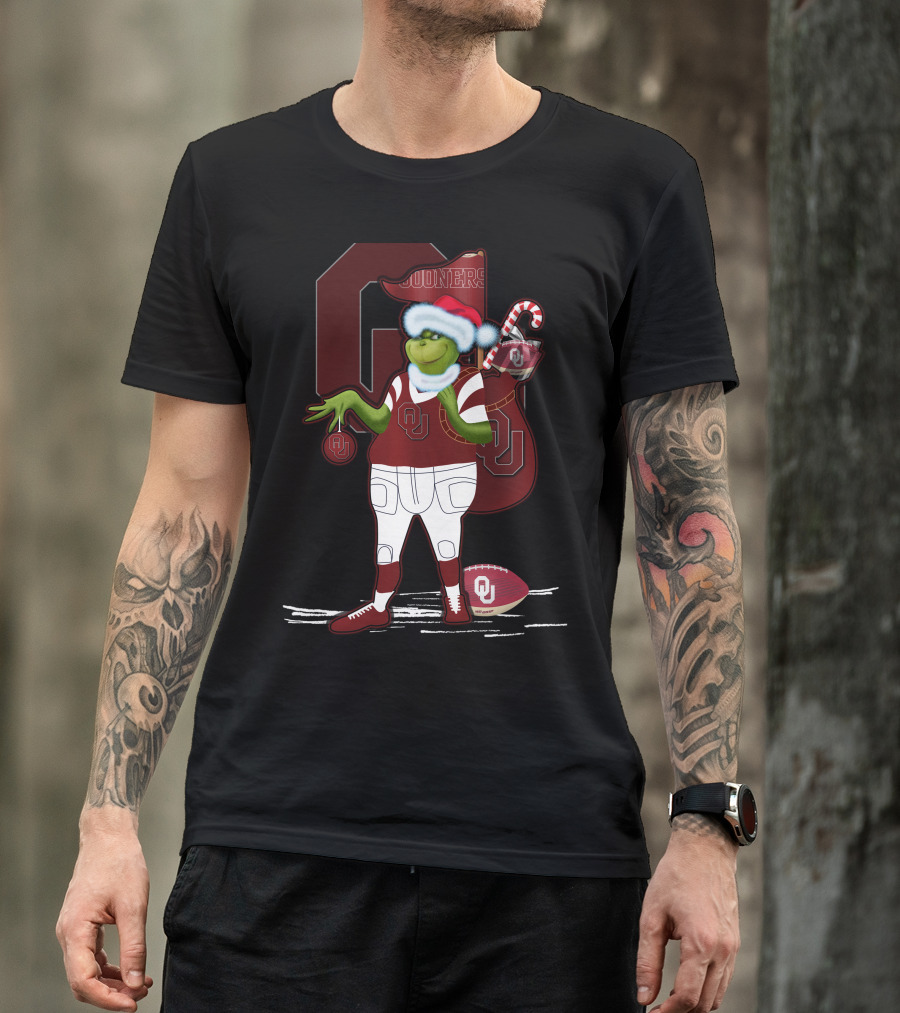 Grinchxmas Oklahoma Sooners Santa Football Sack T-Shirt