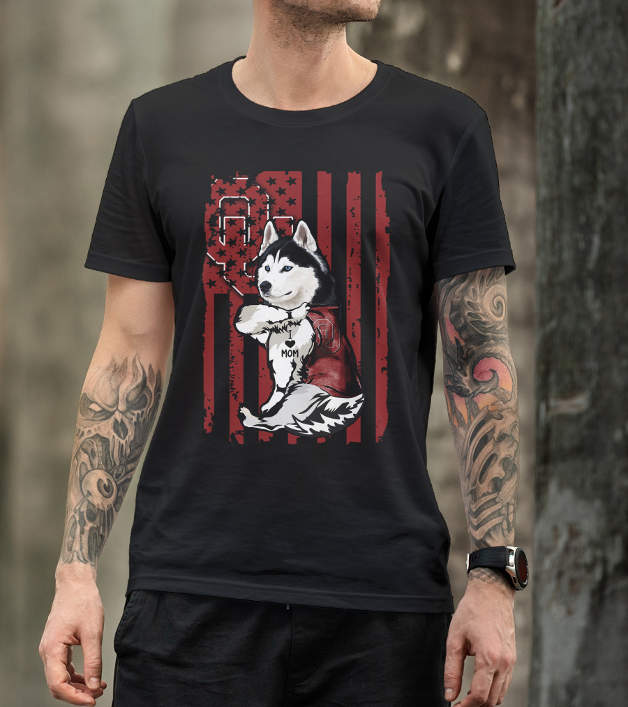 Siberian Husky Oklahoma Sooners Mom With American Flag And OU T-Shirt