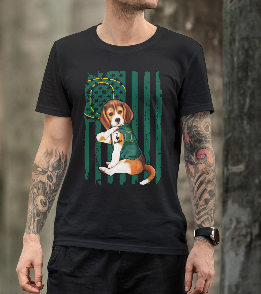 Beagle I Love Mom Oregon Ducks American Flag T-Shirt