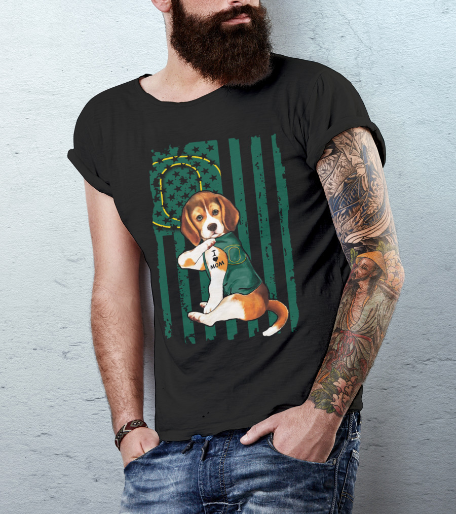 Beagle I Love Mom Oregon Ducks American Flag T-Shirt