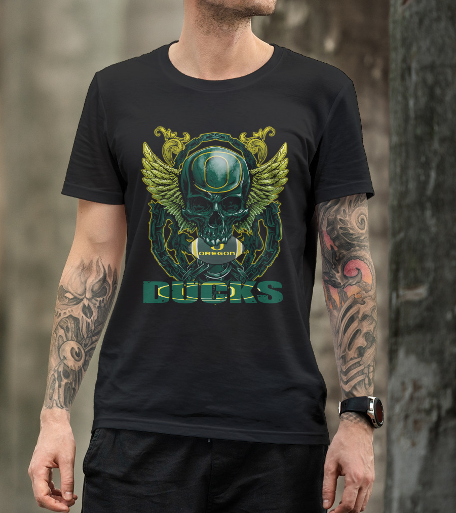 SkullFB Oregon Ducks Football Skull Design With Wings And Chains T-Shirt
