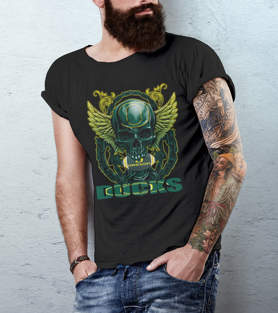 SkullFB Oregon Ducks Football Skull Design With Wings And Chains T-Shirt