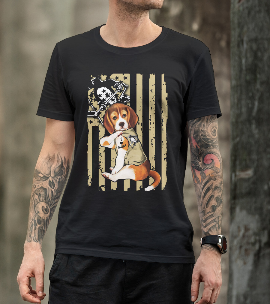 Beagle I Love Mom Pittsburgh Penguins American Flag T-Shirt