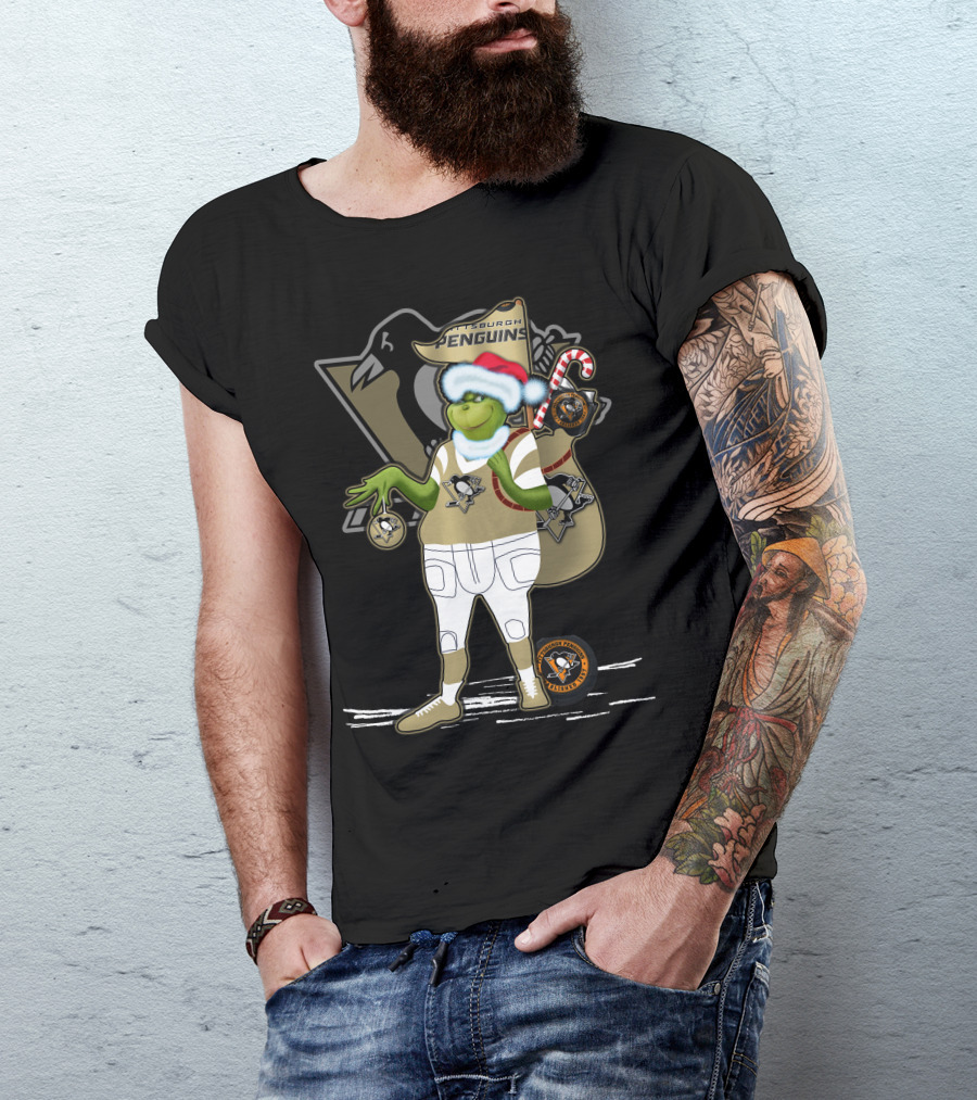 Grinchxmas Pittsburgh Penguins Holiday Mashup With Logo And Santa Hat T-Shirt