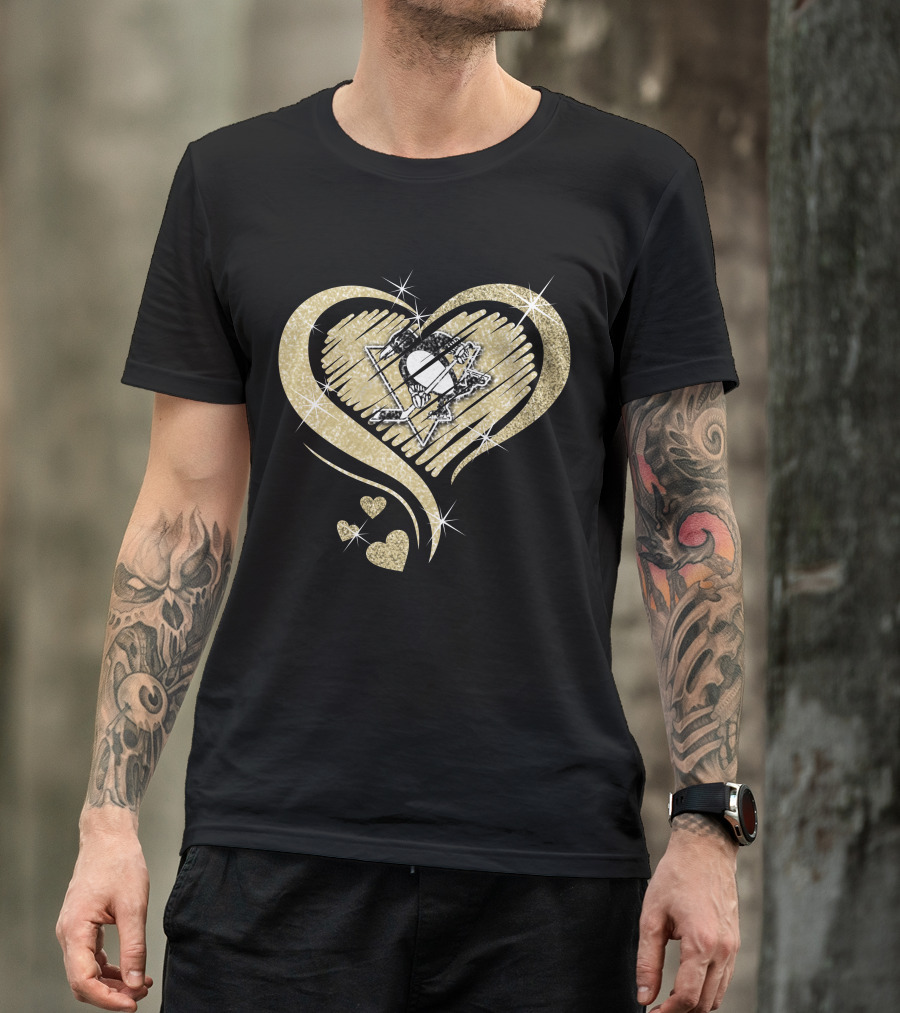 Heart Diamond Pittsburgh Penguins Logo Gold Sparkle T-Shirt