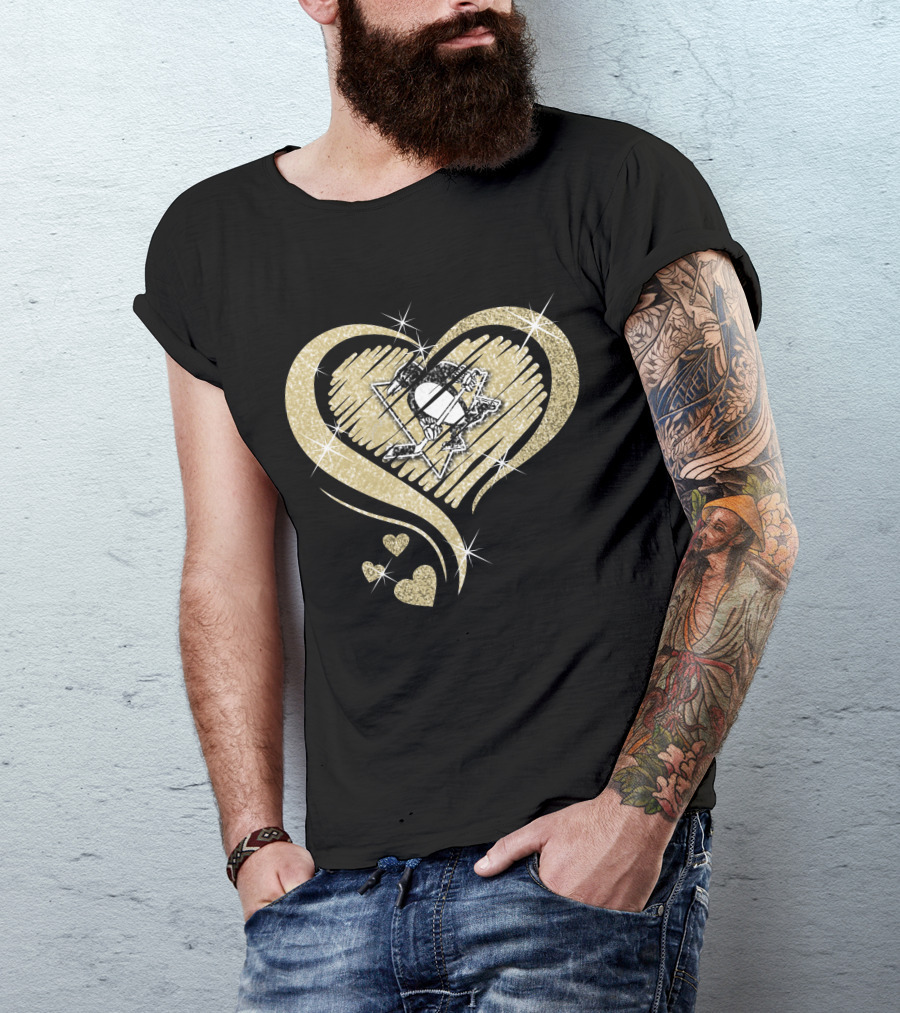 Heart Diamond Pittsburgh Penguins Logo Gold Sparkle T-Shirt