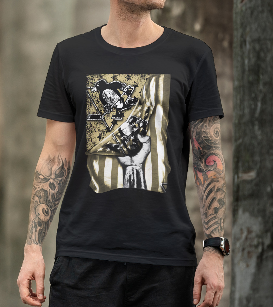 Pittsburgh Penguins Logo With American Flag And Raised Fist T-Shirt