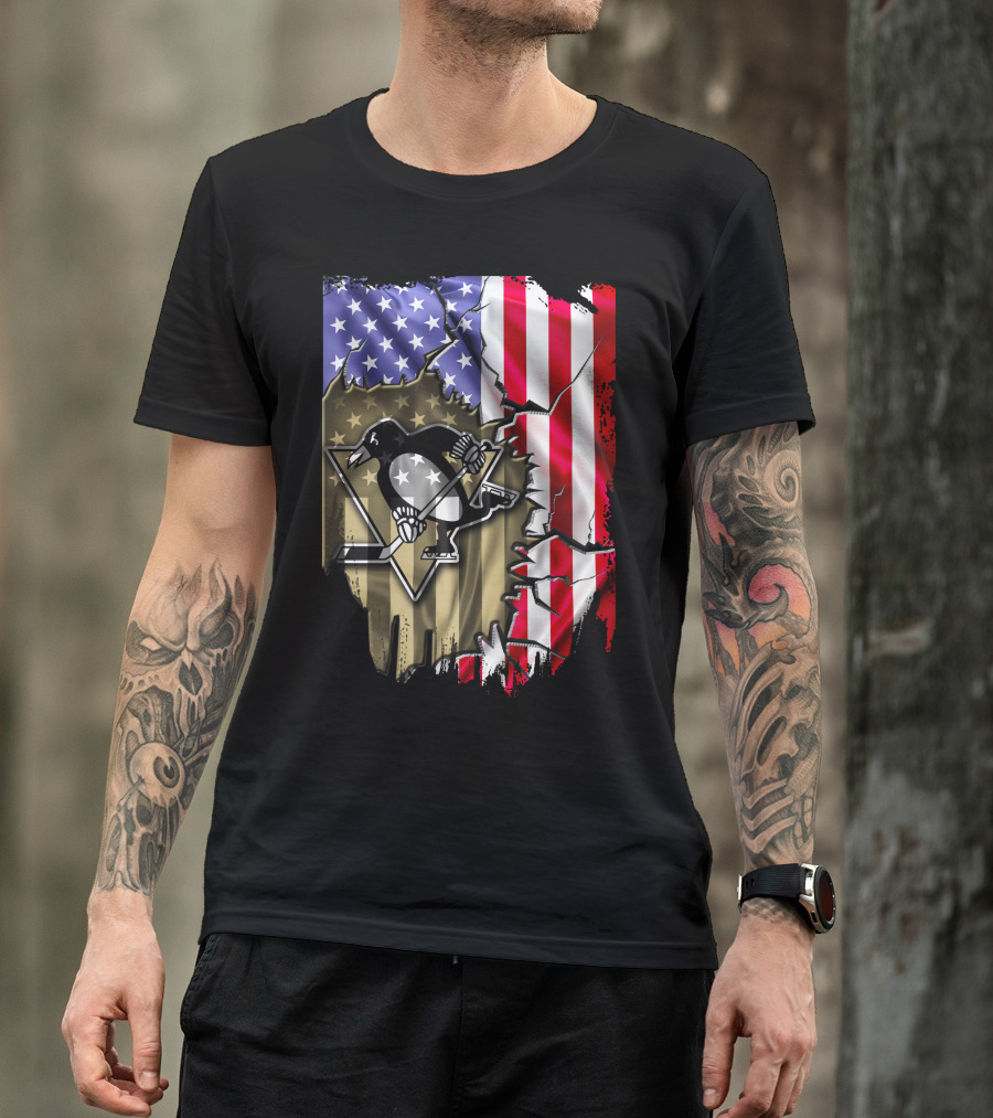 Pittsburgh Penguins American Flag Ripped Background T-Shirt