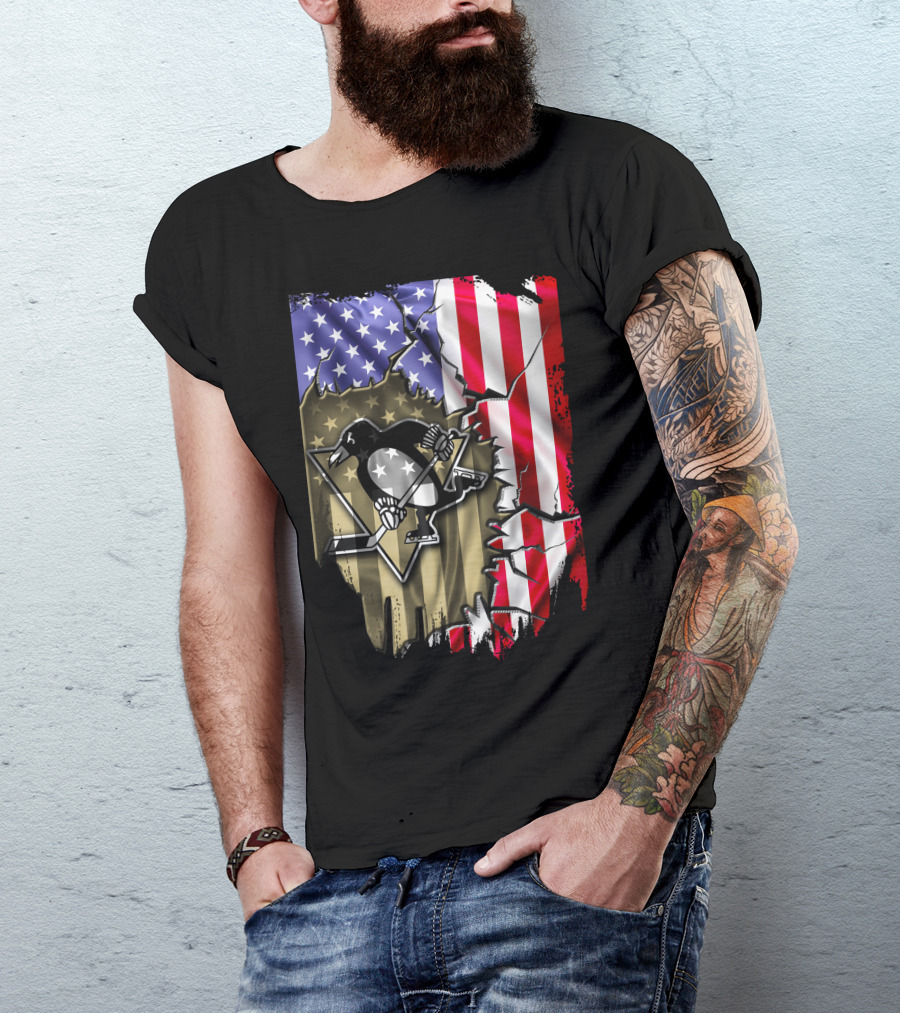 Pittsburgh Penguins American Flag Ripped Background T-Shirt