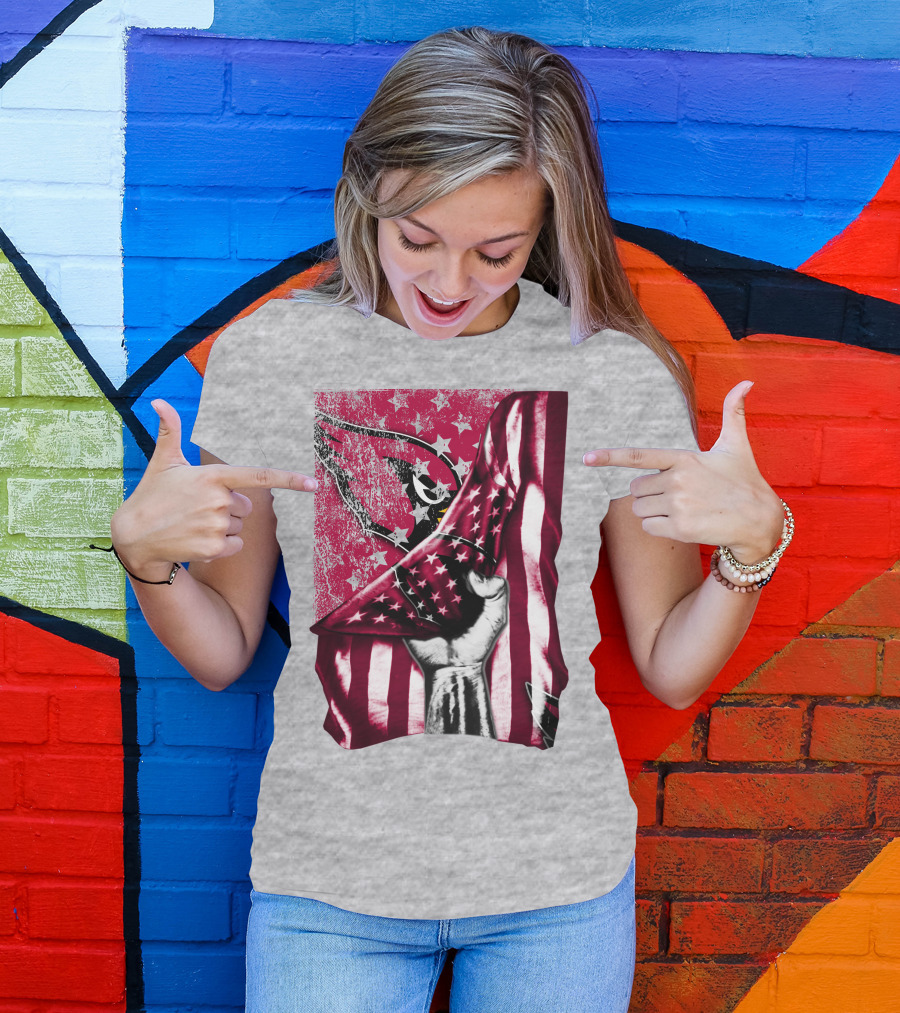 Arizona Cardinals Hand Holding American Flag With Cardinal Logo Stars T-Shirt